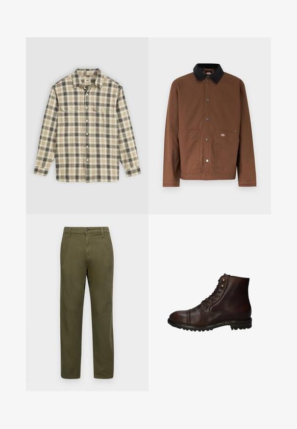 Bruine jas met knopen, zwarte kraag, twee voorzakken en een klein logoplaatje op de rechterzak.; Langarm geruite blouse in beige, zwart en bruin stof, met knoopsluiting, twee borstzakken en een klassiek kraagontwerp.; Olijfgroene katoenen broeken met een recht model, knoopsluiting en minimale stikseldetails. Gladde textuur en geen uitgesproken patronen.; Donkergrote leren veterschoenen tot de enkels met een robuuste rubberen zool en metalen veters, gezien vanuit de buitenzijde.