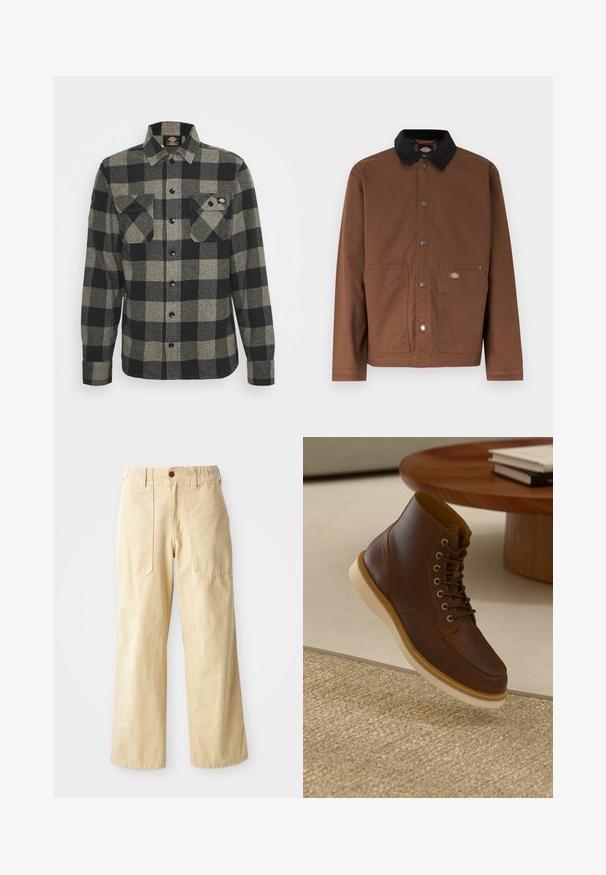 Braune knöpfbare Jacke mit schwarzem Kragen, zwei Vorderentaschen und einem kleinen Logopatch auf der rechten Tasche.; Schwarzes und graues kariertes Flanellhemd mit langen Ärmeln, Knopfverschluss vorne, zwei Brusttaschen und einem leicht abgerundeten Saum. Strukturiert. ; Beige Weitbein-Hosen aus Baumwolle. Sie haben eine hohe Taille, zwei vordere Taschen mit flachem Design und einen einzelnen Knopfverschluss.; Braune Leder-Ankle-Boots mit beiger Sohle auf einem strukturierten beigen Teppich neben einem runden Holztisch mit gestapelten Büchern.