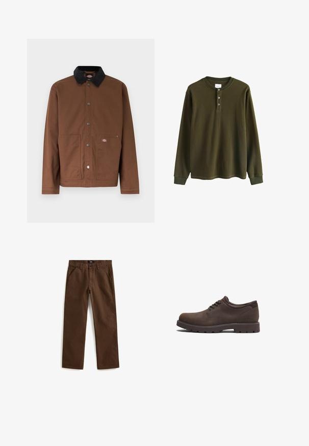 Bruine jas met knopen, zwarte kraag, twee voorzakken en een klein logoplaatje op de rechterzak.; Olijfgroene langemouwen wafelgebreide henleyshirt met geribbelde manchetten en drie knopen bij de kraag.; Bruine katoenen broek met rechte benen, voorzakken en een veilige knoopsluiting in de taille. Glad textuur met een casual ontwerp.; Bruine leren schoenen met een ronde neus en vetersluiting. Voorzien van een gestructureerd oppervlak en een rubberen zool met hoge grip. Subtiel logo aan de zijkant.