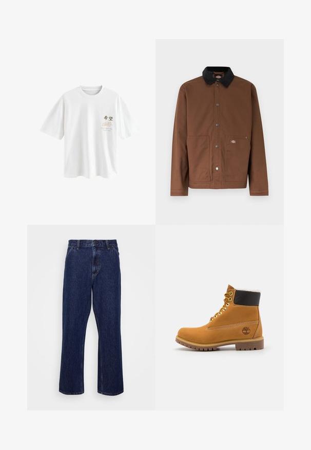 Bruine jas met knopen, zwarte kraag, twee voorzakken en een klein logoplaatje op de rechterzak.; Next T-SHIRT - T-shirt print - white japan; Donkerblauwe denim jeans met een recht-uitlopende pasvorm, voorzien van een knoopsluiting, vijf zakken en subtiele stikseldetails.; Bruine leren enkellaars met metalen oogjes, witte faux bont voering, zwarte gewatteerde kraag, robuuste zool en een reliëflogo aan de zijkant.
