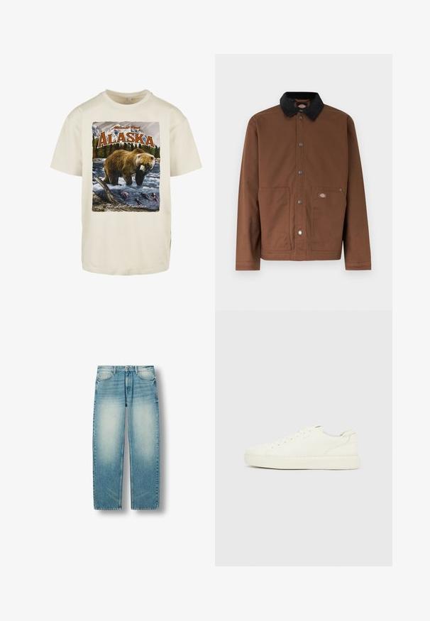 Bruine jas met knopen, zwarte kraag, twee voorzakken en een klein logoplaatje op de rechterzak.; Crèmekleurig katoenen T-shirt met een grafische print van een bruine beer in water, bergen en bomen, met "Alaska" en "The Last Frontier."; Lichtblauwe denim jeans met rechte pijpen, vervaagde dijbeenzones, voorzakken, riemlussen en knoopsluiting.; Witte lage sneaker met veters aan de voorkant, een bovenwerk van glad leer en een dikke rubberen zool, gezien vanaf de buitenkant tegen een effen achtergrond.