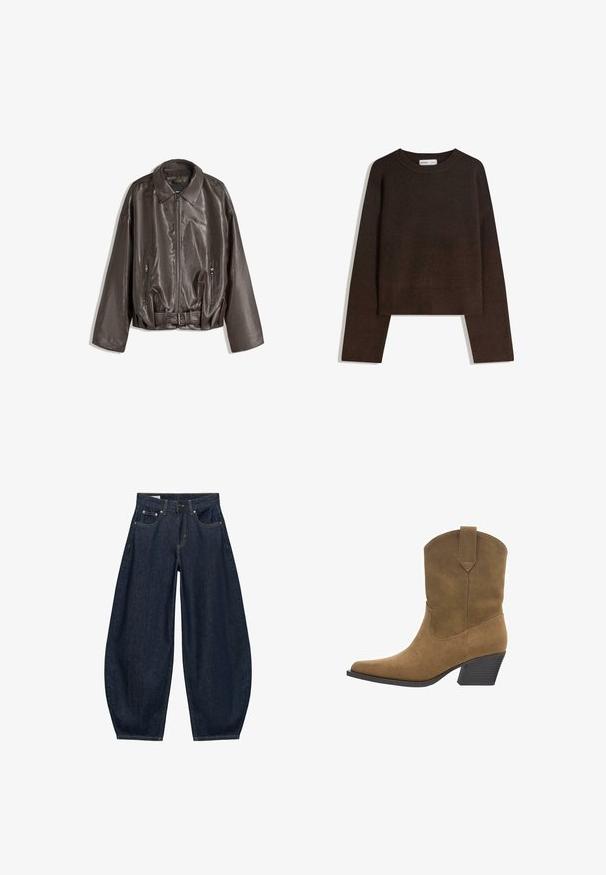 Veste en cuir marron avec une texture lisse, coupe oversize, col, poches zippées et taille ceinturée pour un détail supplémentaire.; Pull en maille marron avec un col arrondi, des épaules tombantes et des poignets et ourlet côtelés. Texture douce, coupe courte. Pas de motifs ni d'ornements visibles.; Jean en denim bleu foncé à jambes larges avec poches avant, passants de ceinture et fermeture par bouton à la taille.; Botte cowboy mi-mollet en daim marron avec bout pointu, languette de tirage et talon bloc empilé sur fond blanc.
