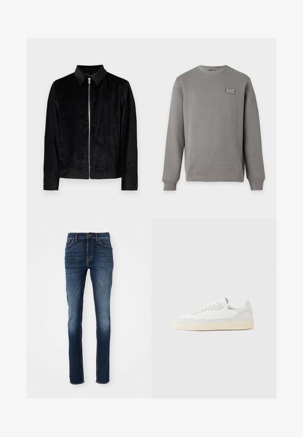 Zwarte jas gemaakt van zachte stof, met een kraag, ritssluiting aan de voorkant en zijzakken. Soepele textuur met een getailleerde pasvorm.; Grijze lange mouw crewneck-trui met geribbelde manchetten en zoom, met een klein EA7 Emporio Armani logopatch op de bovenste linkerborst.; Donkerblauwe denim jeans met een slim fit, voorzien van vijf zakken, gouden stiksels en een licht vervaagde voorkant voor een casual uitstraling.; Witte sneaker met een bovenwerk van gestructureerd suède en leer. Voorzien van een afgeronde neus, vetersluiting en een contrasterende beige rubberen zool.