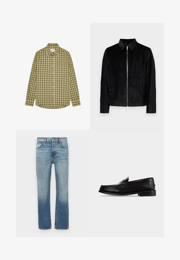 Veste noire en tissu doux, dotée d'un col, d'une fermeture éclair frontale et de poches latérales. Texture lisse avec une coupe ajustée.; Chemise à carreaux verts avec un col classique, des manches longues et un ourlet arrondi. Comprend des boutons blancs et un tissu doux et texturé.; Jean en denim bleu clair avec une coupe droite, des détails délavés, cinq poches et une fermeture avant par bouton. Coutures visibles le long des coutures.; Mocassin homme en cuir noir avec un petit talon et une couture de style mocassin sur l'avant, vu de côté sur un fond uni.