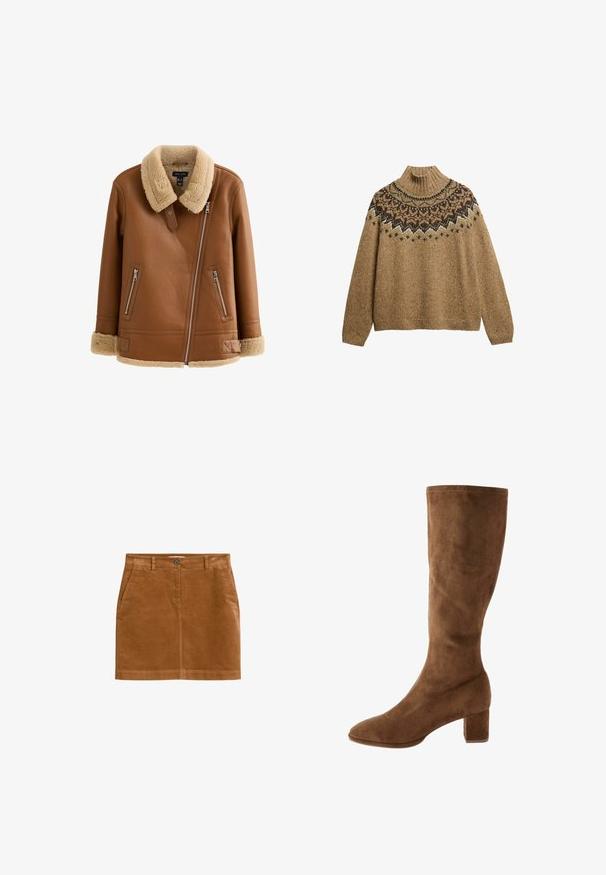 Brun læderjakke med pelskrave, to lynlåslommer og en diagonal lynlås foran. Blød tekstur og varme designdetaljer.; Brun strikket sweater med en høj ribbet krave, der har en mønstret bærestykke i mørkebrun, creme og grøn. Blød, struktureret overflade med en løs pasform.; Brun kordfløjl skirt med lige snit, forlommer og en enkelt knaplukning i taljen. Glat tekstur med synlige sømdetaljer.; Brun ruskind knæhøj støvle med spids tå og blokhæl. Glat tekstur med minimal syningsdetalje. Klassisk og enkel design.