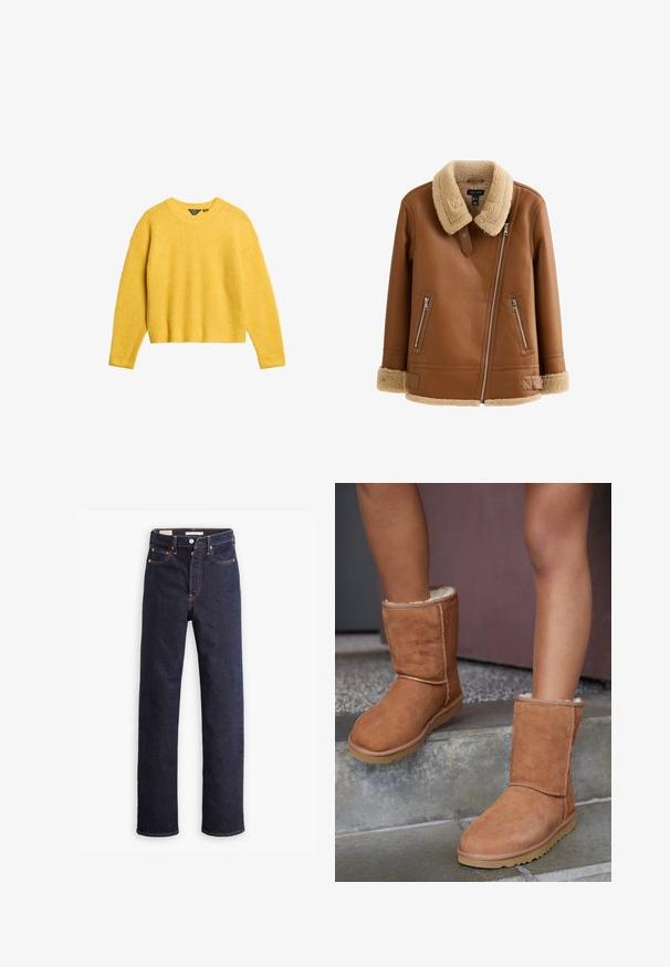 Brun læderjakke med pelskrave, to lynlåslommer og en diagonal lynlås foran. Blød tekstur og varme designdetaljer.; Gul ribstrikket sweater med lange ærmer og rund halsudskæring. Har en cropped pasform og tekstureret stof. Ingen knapper eller yderligere detaljer.; Mørkeblå straight-leg denim jeans med fem lommer og synlig orange syning på hvid baggrund.; Brune ruskind ankelstøvler med rund tå, blødt foer og gummisål, der har synlige stikninger langs sømmene.