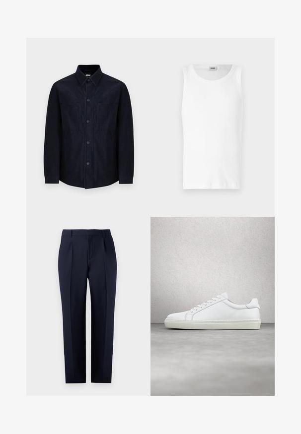 Marineblaues Hemd mit Knöpfen, aus weichem Stoff gefertigt, mit einem klassischen Kragen, zwei aufgesetzten Taschen und einer leicht taillierten Passform mit glatter Textur.; Weißes Baumwoll-Tanktop ohne Ärmel mit Rundhalsausschnitt und glatter Textur. Einfaches Design, ohne Muster oder Akzente.; Marineblaue, maßgeschneiderte Hose aus strukturiertem Stoff, mit geradem Schnitt, Vorderfalten und einem klassischen Bund mit Gürtelschlaufen.; Weißer Sneaker mit glattem Lederobermaterial und niedrigem Profil. Verfügt über eine runde Zehenpartie, sechs Ösen und eine strukturierte Gummisohle.