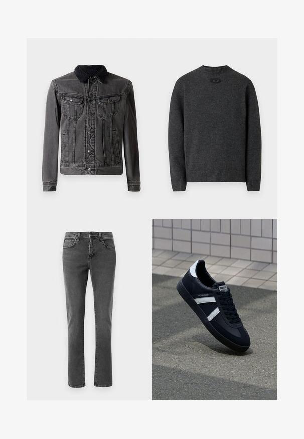 Sort denimjakke med en fuzzy sort krave, der har to brystlommer, frontlukning med knapper og lange ærmer med en tætsiddende pasform.; Mørkegrå sweater lavet af blødt strikket stof med rund halsudskæring og ribstrikkede manchetter og kant. Har et lille logodetalje på ryggen.; Sorte straight-leg denim jeans med front- og baglommer, lynlåslukning og knaplukning på en neutral hvid baggrund.; Sort lædersneaker med hvide striber, tekstureret gummisål og snørrebånd foran. Har et brandet mærke på tungen.