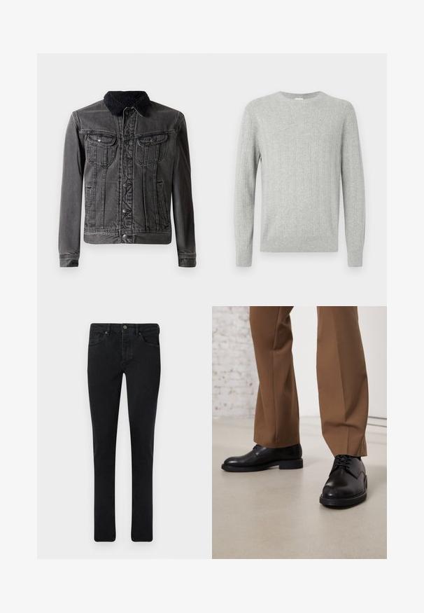 Schwarze Denimjacke mit einem flauschigen schwarzen Kragen, zwei Brusttaschen, Knopfverschluss vorne und langen Ärmeln mit figurbetontem Design.; Hellgrauer gestrickter Pullover mit gerippter Textur, Rundhalsausschnitt und langen Ärmeln. Einfaches Design, das einen geraden Saum und ein strapazierfähiges Material aufweist.; Dunkelblaue Jeans im Slim-Fit-Schnitt, mit Fünf-Taschen-Design und metallischem Knopfverschluss. Glatte Textur und gleichmäßige Farbe.; Schwarze Lederschuhe mit glatter Oberfläche und runder Zehenpartie, mit Schnürverschluss und einer flachen, niedrigen Sohle. Kombiniert mit braunen Hosen.