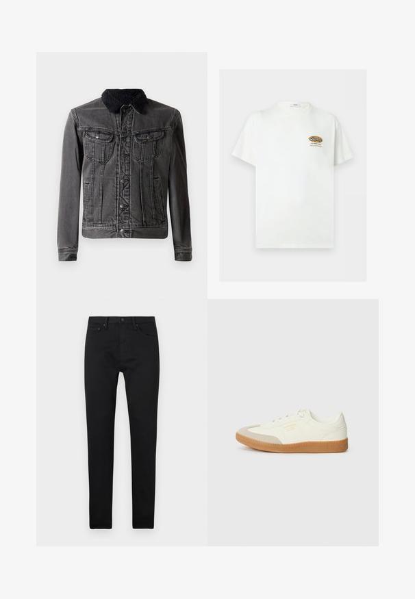 Sort denimjakke med en fuzzy sort krave, der har to brystlommer, frontlukning med knapper og lange ærmer med en tætsiddende pasform.; Hvid T-shirt med korte ærmer med lille brunt og sort "Replay The Denim Goods Superior Standard" logo på venstre bryst.; Sorte slim-fit jeans med fem lommer, knaplukning og bæltestropper, præsenteret på en ensfarvet hvid baggrund.; Sneaker lavet af hvid læder med en beige tåhætte og let brunt gummisål. Har flade hvide snørebånd og prægede branding på siden.