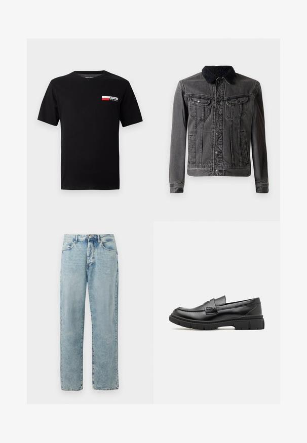 Schwarze Denimjacke mit einem flauschigen schwarzen Kragen, zwei Brusttaschen, Knopfverschluss vorne und langen Ärmeln mit figurbetontem Design.; Schwarzes Baumwoll-T-Shirt mit einem kleinen Logodesign und einem rechteckigen Farbbereich in Rot und Weiß im linken Brustbereich.; Hellblaue gerade geschnittene Jeans aus Denim mit einem Knopf- und Reißverschluss, Vordertaschen und dezentem verblasstem Finish.; Schwarze Lederloafer mit einem breiten Riemen über dem Rist, Gummisohle mit dicken Profilen und glatter Textur. Klassisches, schlankes Design.