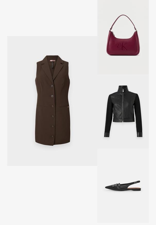 Sort jakke med læderkrop og strikkede ærmer, cropped design, høj krave, lynlås foran og lædermanchetter. Glat tekstur.; Brun ærmeløs vest med en tætsiddende design, skrå krave og seks knaplukninger. Har to forreste lommer og en glat tekstur.; Sort læderslyngeflad sko med spids tå, der har to vandrette stropper og firkantede sølvspænder, lav hæl og glat tekstur.; Bordeaux lædertaske med præget "cK" logo og en enkelt kort rem, med lynlåslukning og sølvdetaljer.