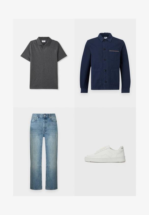 Veste longue à manches longues bleu marine avec trois poches avant, un col et un détail de couture multicolore sur la poche poitrine.; Polo shirt gris charbon à manches courtes avec col et sans boutons visibles, posé à plat sur un fond blanc.; Jean droit en denim bleu clair avec fermeture avant par bouton et fermeture éclair, passants de ceinture et style cinq poches.; Baskets en cuir blanc avec une finition lisse, bout arrondi, lacets plats et semelle texturée. Présente un logo discret sur le talon.