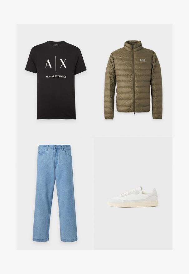 Veste matelassée légère vert olive avec manches longues, col montant, fermeture éclair devant et logo blanc EA7 Emporio Armani sur la poitrine.; T-shirt en coton noir avec les initiales "A|X" et "ARMANI EXCHANGE" imprimées en blanc. Col rond avec manches courtes.; Jean en denim bleu clair à jambes droites avec poches devant, passants de ceinture et fermeture par bouton, sur fond uni.; Baskets blanches avec dessus en daim et cuir texturé. Caractérisées par un bout arrondi, une fermeture à lacets et une semelle en caoutchouc beige contrastante.