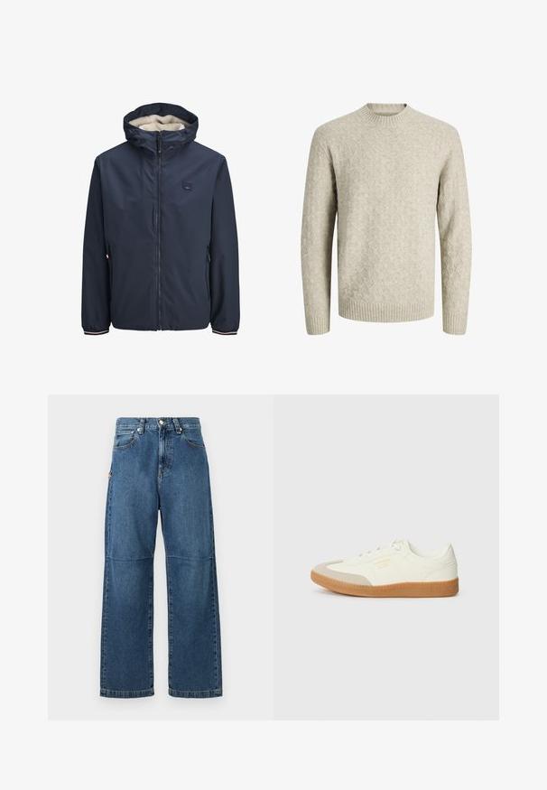 Marineblaue Jacke mit Reißverschluss und Kapuze, ausgestattet mit einem weichen Fleece-Futter. Enthält seitliche Taschen und gestreifte Akzente an den Bündchen.; Hellbeiger gestrickter Pullover mit langen Ärmeln und einem dezenten Rautenmuster, ausgestattet mit gerippten Bündchen, Saum und rundem Halsausschnitt.; Blaue Jeans aus Denim mit entspannter Passform, geraden Beinen, sichtbarem Nähen und einem vorderen Knopfverschluss. Verfügt über eine Seitentasche mit einem Akzent.; Sneaker aus weißem Leder mit einer beigen Zehenkappe und leichter brauner Gummisohle. Verfügt über flache weiße Schnürsenkel und geprägtes Branding an der Seite.