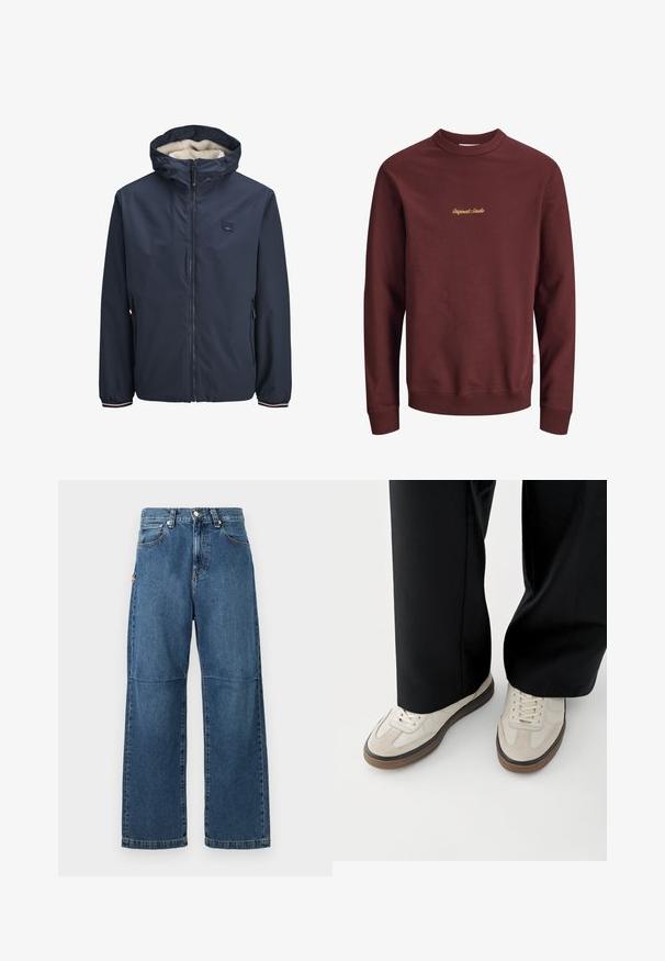 Marineblå jakke med lynlås og hætte, med en blød fleeceforing. Inkluderer sidelommer og stribede detaljer på ærmerne.; Vinrød sweatshirt med rund hals og lange ærmer med ribstrikkede ærmegab og linning, med lille gult "Originals Studio"-tekst centreret på brystet.; Blå denim jeans med afslappet pasform, lige ben, synlige sømme og lukkes med en knap foran. Har en sidelomme med accent.; Fødder iført beige sneakers med brune såler og sorte bukser med vide ben på hvid baggrund.