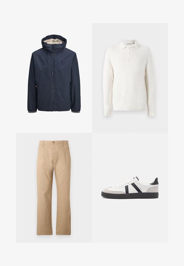 Marineblauwe jack met een ritssluiting en capuchon, voorzien van een zachte fleece voering. Inclusief zijzakken en gestreepte accenten op de manchetten.; Witte gebreide pullover met een textuurafwerking, kraaghalslijn en drieknopenlijst. Geribbelde zoom en manchetten maken het ontwerp compleet.; Beige rechte broek gemaakt van een katoenmix. Voorzien van een knoopsluiting aan de voorkant en twee zijzakken met een gladde textuur.; Witte sneaker met zwarte en grijze accenten, voorzien van een grijze neus met textuur, zwarte rubberen zool en platte witte veters. Schoon ontwerp, minimalistische stijl.