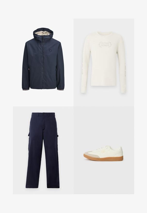 Chaqueta azul marino con cierre de cremallera y capucha, con un suave forro de forro polar. Incluye bolsillos laterales y acentos a rayas en los puños.; Camiseta de manga larga color crema con tejido acanalado y "DODGE DEMON" bordado en el frente, con gráficos impresos en la manga derecha. Textura suave.; Pantalones rectos de color azul marino con pasadores para cinturón, cierre delantero con botón y bolsillos laterales para herramientas, exhibidos sobre un fondo blanco.; Zapatilla de cuero blanca con puntera beige y suela de goma marrón claro. Presenta cordones planos blancos y una marca en relieve en el lateral.