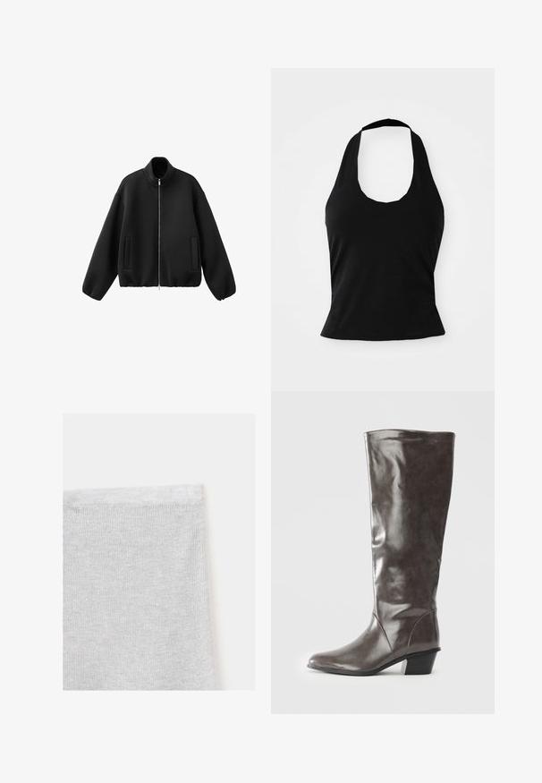 Blouson aviateur noir en tissu lisse, avec un col montant, une fermeture éclair à l'avant, des poches latérales, une coupe décontractée et des poignets élastiques.; Haut halter noir en tissu doux, avec un col rond et une silhouette ajustée, à la texture lisse et sans motifs visibles.; Gros plan d'un tissu tricoté blanc montrant des points fins et réguliers ainsi qu'un bord ourlé sur un fond clair uni.; Bottine en cuir gris foncé pour femmes grandes, avec un talon moyen et un bout arrondi, vue de côté sur fond blanc.