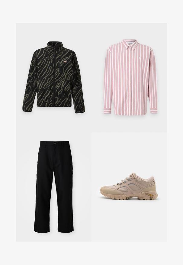 Sort fleecejakke med grønt abstrakt mønster, fuld lynlås, høj krave og frontlomme med lynlås. Blød tekstur og design med normal pasform.; Stribet skjorte med knapper i pink og hvid. Har krave, lange ærmer og et lille logo. Fremstillet af vævet stof.; Sorte lige ben bukser med bæltestropper, frontknap og lynlås lukning på ensfarvet lys baggrund.; Beige sportsko med en tekstureret mesh-overdel, syntetisk overlay og en Vibram-sål. Har snøresystem og detaljer på sidepanelet.