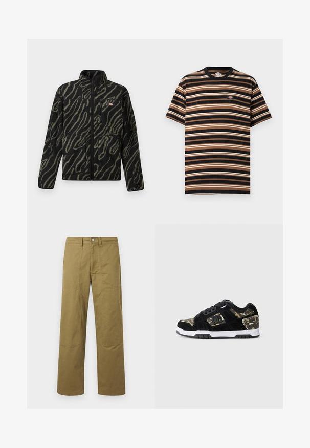 Sort fleecejakke med grønt abstrakt mønster, fuld lynlås, høj krave og frontlomme med lynlås. Blød tekstur og design med normal pasform.; T-shirt med korte ærmer med vandrette sorte, brune og beige striber samt en lille Dickies logo-patch på brystet.; Kaki bukser med lige ben, synlige sømdetaljer, bæltestropper, knaplukning foran og lapper ved knæene.; Sort ruskinds sneaker med camomønster på siden, hvid mellemsål og sort gummisål. Har snørebånd og logo-detalje på siden.