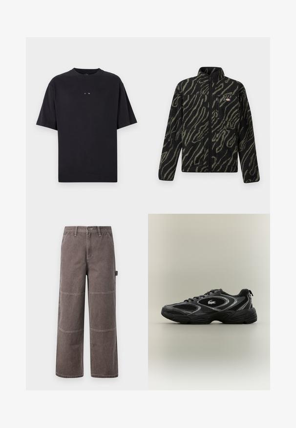 Schwarze Fleecejacke mit grünem abstraktem Muster, durchgehender Reißverschluss, hoher Kragen und Reißverschlusstasche vorne. Weicher Stoff und reguläre Passform.; Oakley RISE TEE - T-Shirt basic - blackout; Weite Hosen in einem verblassten Braunton, aus strapazierfähigem Stoff mit kontrastierenden Nähten. Mit Paneeldetails und einer Seitentasche.; Schwarzer und grauer Sportschuh mit Netzpaneelen, Schnürdesign, dicker Sohle und einem kleinen Krokodil-Logo an der Seite.