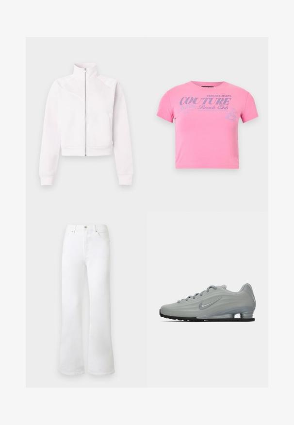 Lyserød zip-up jakke med høj krave, lange ærmer, ribbede manchetter, to sidelommer og subtile skrå sømdetaljer på forsiden.; Pink crop-top med korte ærmer og sølvglittertekst "Versace Jeans Couture Beach Club" samt en lille grafik af en kvinde på surfboard.; Hvide højtaljede bukser med vide ben, frontknap, lynlås og lommer foran og bagpå, vist på en ensfarvet lys baggrund.; Sidelæns udsigt af en lysegrå Nike sneaker med snørebånd, et swoosh-logo og en gennemsigtig sål med komfortabel dæmpning på en ensfarvet baggrund.