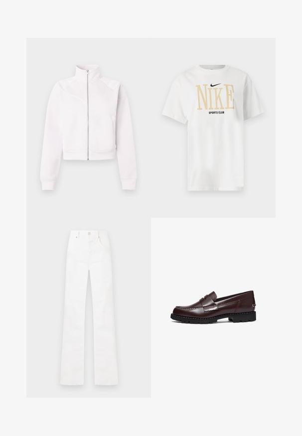 Lichtroze zip-up jack met hoge kraag, lange mouwen, geribbelde manchetten, twee zijzakken en subtiele diagonale stiknaaddetails aan de voorkant.; Wit T-shirt met korte mouwen met grote beige "NIKE" tekst, kleine zwarte Nike swoosh erboven en "SPORTS CLUB" in het zwart onderaan middenvoor.; Witte jeans met hoge taille, rechte pijpen, voorzijde met knoop- en ritssluiting, zijzakken en riemlussen, plat neergelegd op een witte achtergrond.; Timberland Instappers - burgundy