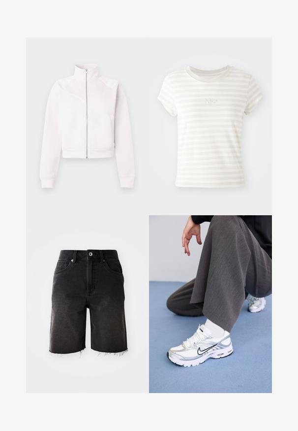 Lyserød zip-up jakke med høj krave, lange ærmer, ribbede manchetter, to sidelommer og subtile skrå sømdetaljer på forsiden.; Hvidstribet kortærmet t-shirt lavet af blød bomuld. Har en rund halsudskæring og et lille broderet Nike-logo på brystet.; Sorte denimshorts med en falmet vask, frynset kant, klassisk fem-lommer design og enkelt knaplukning. Tykke syninger som accentuerer hele shortsene.; Hvide og sølv atletik sko med meshej og syntetiske materialer, der har sorte accentlinjer, snørebånd og strukturerede såler.
