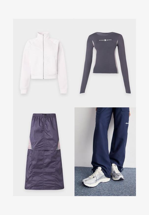 Helle rosa Zip-Jacke mit hohem Kragen, langen Ärmeln, gerippten Bündchen, zwei Seitentaschen und subtilen diagonalen Nahtdetails auf der Vorderseite.; Dunkelgraues, langärmliges, eng anliegendes Sportoberteil mit hellgrauen Seitenpaneelen und weißem "Nike Shox"-Logo auf der Brust.; Lila Nylonsrock mit elastischem Bund, bestehend aus farblich abgesetzten Paneelen in Pink und Grün, mit einem kleinen weißen Logo im oberen Bereich.; Nike Sportschuhe mit einem silbernen Mesh-Obermaterial, weißen Akzenten und strukturierten Sohlen, kombiniert mit locker sitzenden marineblauen Hosen.
