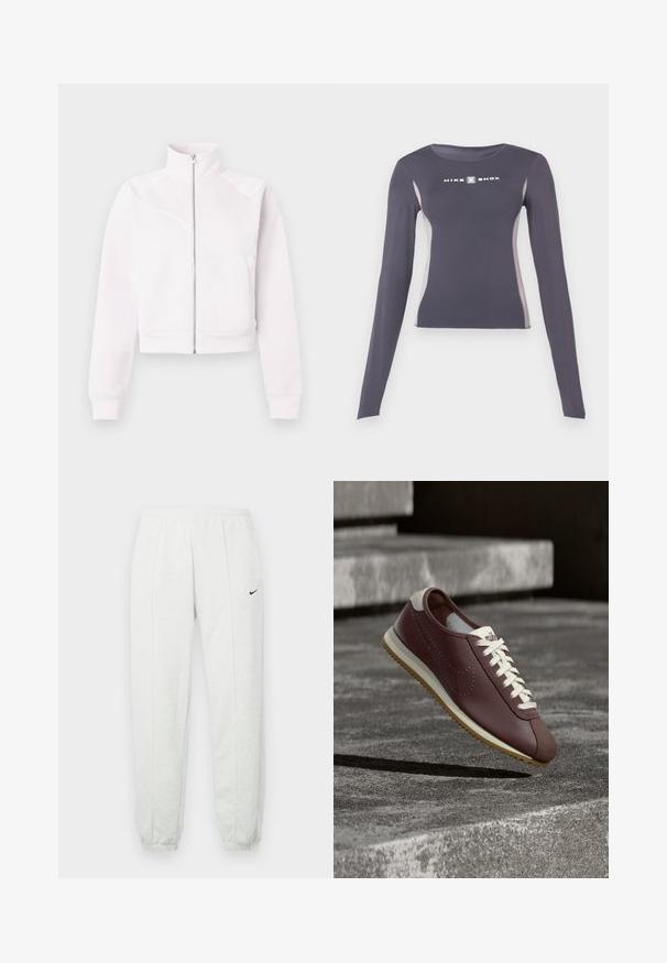 Veste à zip rose clair avec col montant, manches longues, poignets côtelés, deux poches latérales et détails de coutures diagonales subtiles à l'avant.; Haut de sport ajusté à manches longues gris foncé avec des panneaux latéraux gris clair et un logo "Nike Shox" blanc sur la poitrine.; Pantalon de survêtement Nike gris clair avec une taille élastique, des poignets resserrés et un petit logo noir sur la cuisse gauche. Tissu doux et texturé.; Baskets Nike bordeaux avec lacets blancs et semelle beige suspendues au-dessus de marches en béton gris en plein air.