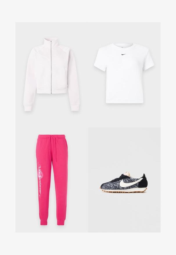 Helle rosa Zip-Jacke mit hohem Kragen, langen Ärmeln, gerippten Bündchen, zwei Seitentaschen und subtilen diagonalen Nahtdetails auf der Vorderseite.; Weißes, kurzärmeliges Nike-Bauchfreies T-Shirt mit einem kleinen schwarzen Nike-Swoosh-Logo, das unterhalb des Halsausschnitts zentriert ist.; Rosa Jogginghose aus weichem Material, mit einem Kordelzugbund, schmal zulaufenden Bündchen und weißem Grafikdruck auf dem linken Bein.; Schwarz-weiße Nike-Sneaker mit floralem Muster, Wildlederakzenten, Gummisohle und schwarzen Schnürsenkeln. Enthält ein weißes Swoosh-Logo.