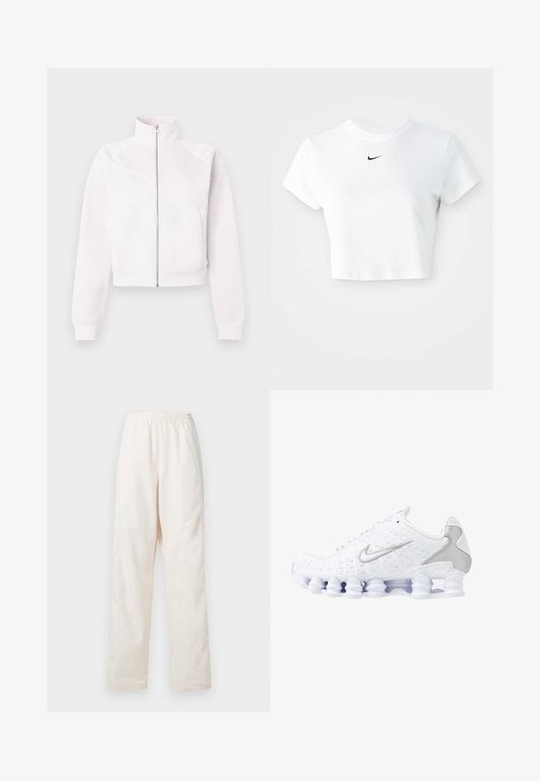 Veste à zip rose clair avec col montant, manches longues, poignets côtelés, deux poches latérales et détails de coutures diagonales subtiles à l'avant.; T-shirt blanc court en coton, avec des manches courtes et un col rond, orné d'un logo Nike noir sur la poitrine.; Pantalon couleur crème à taille élastique et coupe droite, de coupe ample, présenté sur un fond blanc uni.; Baskets de sport blanches avec tige en mesh, accents argentés et un design de semelle en spirale unique. Comprend un collier rembourré et un système de laçage pour un ajustement parfait.