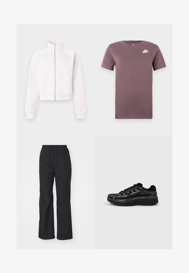 Lyserød zip-up jakke med høj krave, lange ærmer, ribbede manchetter, to sidelommer og subtile skrå sømdetaljer på forsiden.; Lilla Nike kortærmet crew neck t-shirt med hvidt Nike-logo på venstre bryst mod en ensfarvet baggrund.; Sorte, letvægtsbukser med elastisk talje og snøre. Har en tekstureret overflade og et lille reflekterende logo på siden.; Sort atletiksko med en tekstureret mesh-overdel, syntetiske detaljer, tyk gummisål og markant snøresystem. Nike-logo på siden.