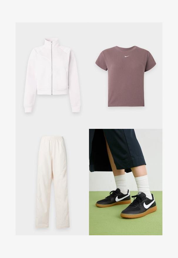 Lyserød zip-up jakke med høj krave, lange ærmer, ribbede manchetter, to sidelommer og subtile skrå sømdetaljer på forsiden.; Mauve ribbet kortærmet crop top med rund hals og lille hvid Nike-logo centreret under halsudskæringen.; Løse, cremefarvede bukser med elastisk talje og lige ben, vist mod en ensfarvet hvid baggrund.; Sorte læder- og syntetiske sneakers med hvid Nike swoosh, gummisål, rund tå og sorte snørebånd. Ribbede hvide sokker synlige.