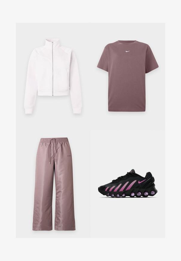 Lyserød zip-up jakke med høj krave, lange ærmer, ribbede manchetter, to sidelommer og subtile skrå sømdetaljer på forsiden.; En ensfarvet mauve kortærmet crewneck t-shirt med en lille hvid Nike swoosh centreret på brystet, præsenteret på hvid baggrund.; Lyserøde bukser med vide ben lavet af glat nylon. Har elastisk talje med snøre og branding på siden.; Sorte og lyserøde Nike sneakers med en mesh-overdel, buet design og rund lilla dæmpning i sålen og på siderne.