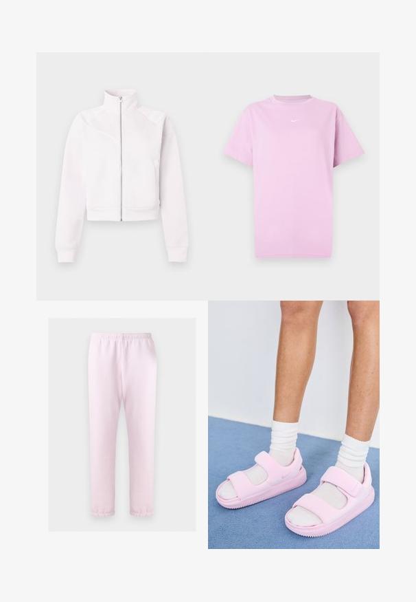 Helle rosa Zip-Jacke mit hohem Kragen, langen Ärmeln, gerippten Bündchen, zwei Seitentaschen und subtilen diagonalen Nahtdetails auf der Vorderseite.; Rosa kurzärmeliges Nike T-Shirt mit Rundhalsausschnitt und kleinem weißen Nike-Swoosh-Logo, das zentral auf der Brust platziert ist.; Hellrosa elastische Jogginghose mit Bündchen an den Knöcheln, flach auf weißem Hintergrund präsentiert.; Rosafarbene Sportsandalen mit breitem Riemen und offenem Zehendesign, aus weichem Material gefertigt, mit einer strukturierten Laufsohle für besseren Halt.