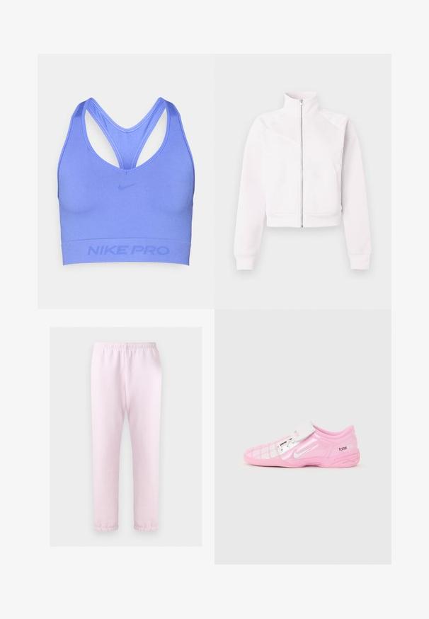 Veste à zip rose clair avec col montant, manches longues, poignets côtelés, deux poches latérales et détails de coutures diagonales subtiles à l'avant.; Brassière de sport violette à texture lisse, avec un design de dos croisé et le logo "NIKE PRO" en impression subtile sur la bande.; Pantalon de jogging rose clair à taille élastique avec chevilles resserrées, présenté à plat sur fond blanc.; Chaussure de football Nike Total 90 III rose et blanche profil bas avec swoosh argenté et rabat à scratch sur les lacets sur fond uni.