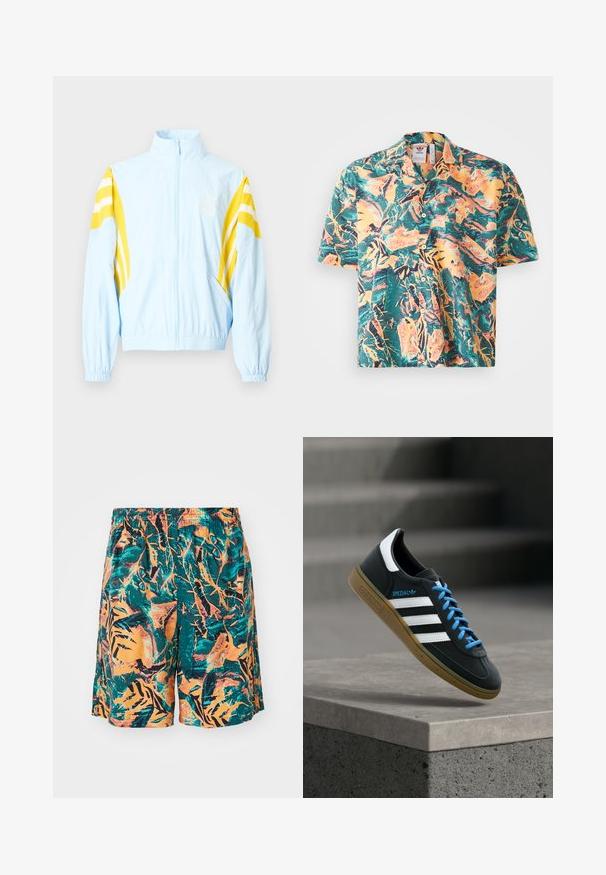 Chaqueta azul celeste con un cuello alto, rayas diagonales amarillas en las mangas, puños elásticos y cierre frontal con cremallera. Presenta un logo en el pecho.; Camisa de manga corta con un vibrante estampado tropical que presenta tonos verdes, naranjas y amarillos. Cuello clásico con cierre de botones y un corte relajado.; Bañador con un patrón de hojas de jungla en naranja, verde azulado y negro, fabricado en tejido liviano y con una cinturilla elástica para mayor comodidad.; Zapatilla negra Adidas con franjas blancas, cordones azules y suela de goma flotando sobre un escalón de hormigón gris con luz suave.