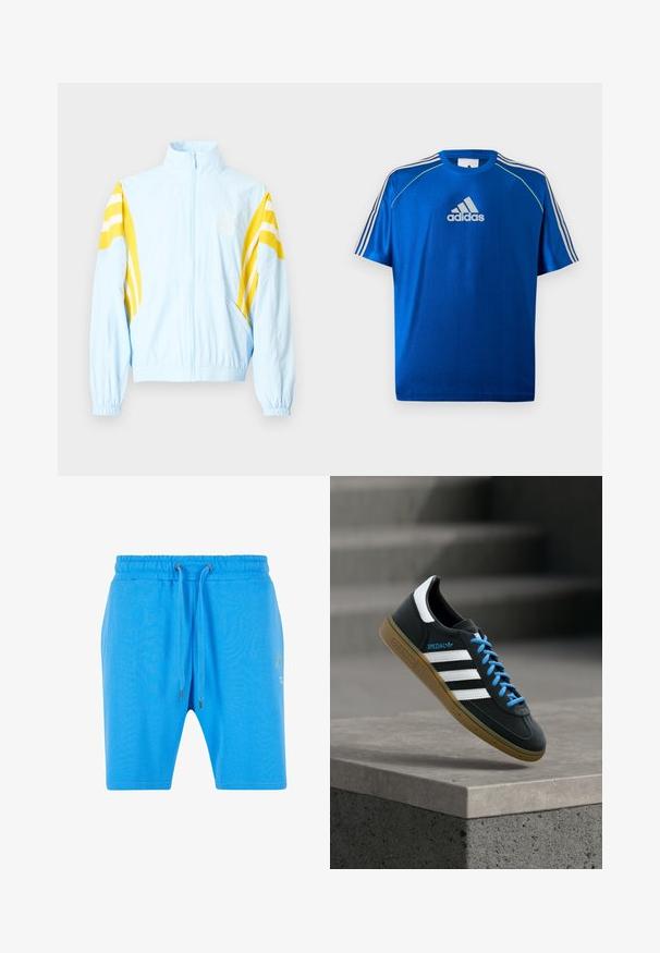 Lyseblå jakke med høj krave, gule diagonale striber på ærmerne, elastiske manchetter og lynlås foran. Har en logo på brystet.; Blå Adidas sport T-shirt med hvidt logo på brystet, hvide striber på skuldrene og neongult piping på skuldersømmene.; Blå bomuldsshorts med elastisk talje, snorelukning og diskret grafikdetalje på siden. Glat tekstur og afslappet pasform.; Sort Adidas sneaker med hvide striber, blå snørebånd og gummisål, der svæver over gråt betontrin i blødt lys.