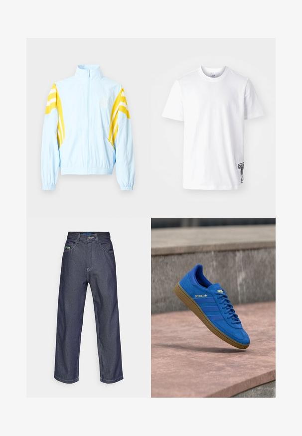 Chaqueta azul celeste con un cuello alto, rayas diagonales amarillas en las mangas, puños elásticos y cierre frontal con cremallera. Presenta un logo en el pecho.; Camiseta de algodón blanca de manga corta, con cuello redondo y un parche del logo de Adidas en negro en la parte inferior izquierda. Textura suave.; Vaqueros anchos de un oscuro azul en tela de mezclilla con costuras en blanco. Cuenta con cinco bolsillos y un pequeño parche de logo verde en la parte frontal.; Zapatilla Adidas Spezial azul con suela de goma, cordones atados, suspendida sobre una superficie de piedra lisa cerca de una pared de hormigón gris.