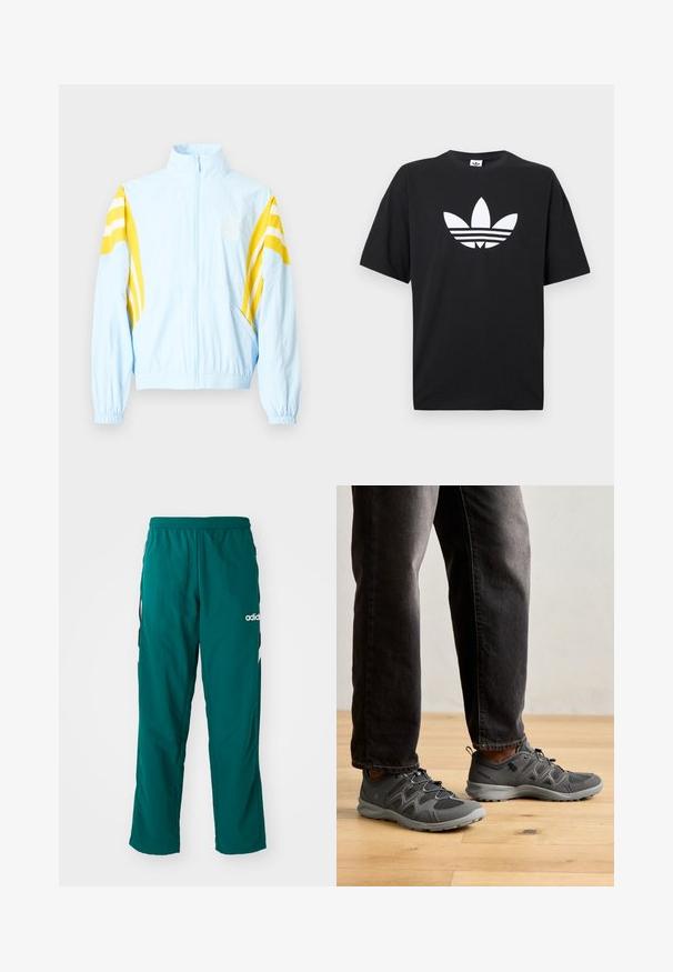 Hellblaue Jacke mit hohem Kragen, gelben diagonalen Streifen an den Ärmeln, elastischen Bündchen und einem Reißverschluss vorne. Verfügt über ein Logo auf der Brust.; Schwarzes Baumwoll-T-Shirt mit kurzen Ärmeln, das ein großes weißes Adidas-Logo und drei horizontale Streifen am Saum zeigt. Klassisches Rundhalsdesign.; Grüne Sporthose aus leichtem Material, mit elastischem Bund, seitlichen Taschen und weißem Adidas-Logo auf der linken Seite.; Graue Sportschuhe aus Mesh- und Synthetikmaterialien, mit einer strukturierten Oberfläche, elastischen Schnürsenkeln und einem gepolsterten Sohlen-Design.