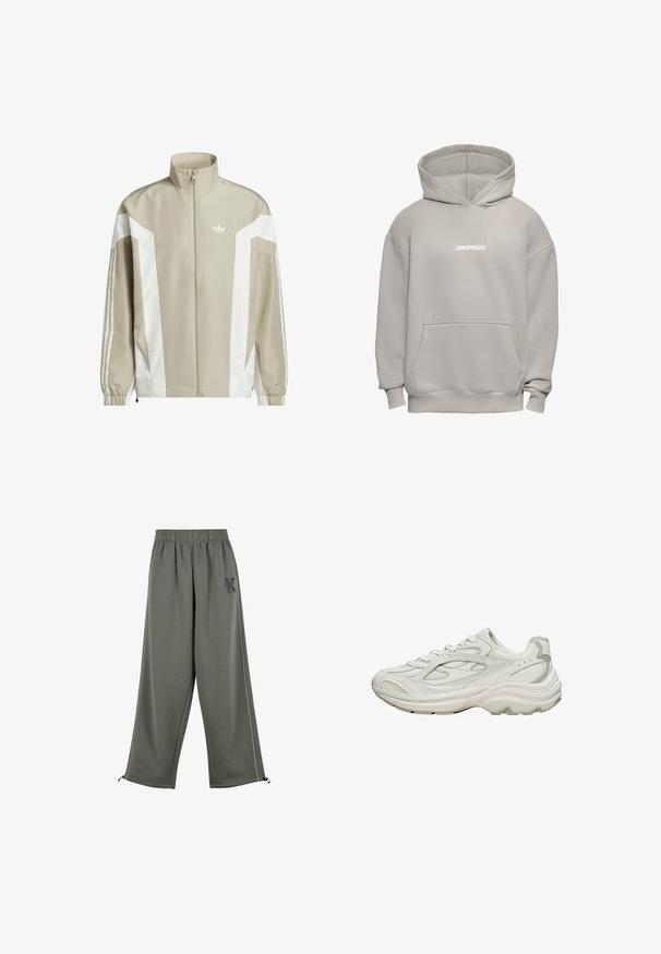 Veste zippée beige clair avec des accents blancs, équipée d'un col montant, de poignets élastiques et d'une subtile marque sur la poitrine.; Sweat à capuche oversize gris clair avec poche avant et inscription "DROPSIZE" en blanc sur la poitrine.; Karl Kani KK OS SIDESTRIPE - Pantalon classique - grey; Baskets blanches avec une tige texturée et une semelle épaisse. Elles présentent des lignes courbes, des accents gris subtils et un design à lacets.