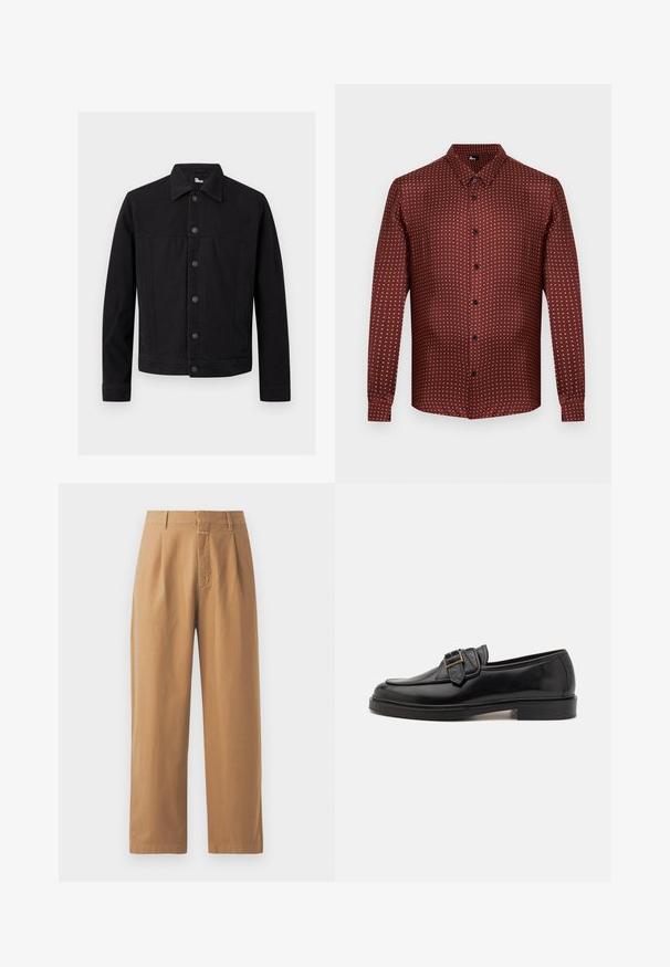 Veste en denim noir à manches longues, fermeture à boutons sur le devant, col pointu, présentée sur un fond clair uni.; Chemise boutonnée bordeaux en tissu texturé, avec un motif à pois crème. Manches longues et col traditionnel.; Pantalons marron à jambes larges en tissu lisse. Présentent une taille haute avec des plis, des passants de ceinture et une poche avant.; Mocassins en cuir noir avec un bout arrondi et une boucle décorative. Talon plat, solide et texture lisse sur l'ensemble.