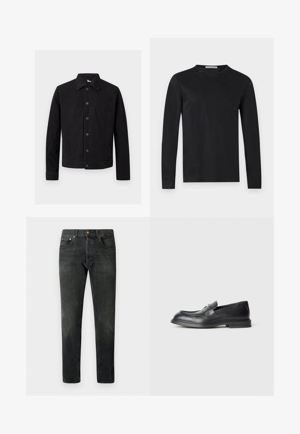 Veste en denim noir à manches longues, fermeture à boutons sur le devant, col pointu, présentée sur un fond clair uni.; T-shirt noir à manches longues, col rond, coupe ajustée et petite étiquette "Tiger of Sweden" à l'intérieur du col.; Jean en denim noir avec une coupe droite, cinq poches et une fermeture à bouton. Présente une finition décolorée et des détails de couture subtils.; Mocassins en cuir noir avec une finition texturée, dotés d'une bride décorative à l'avant et d'un bout arrondi. Semelle en caoutchouc pour plus de durabilité.