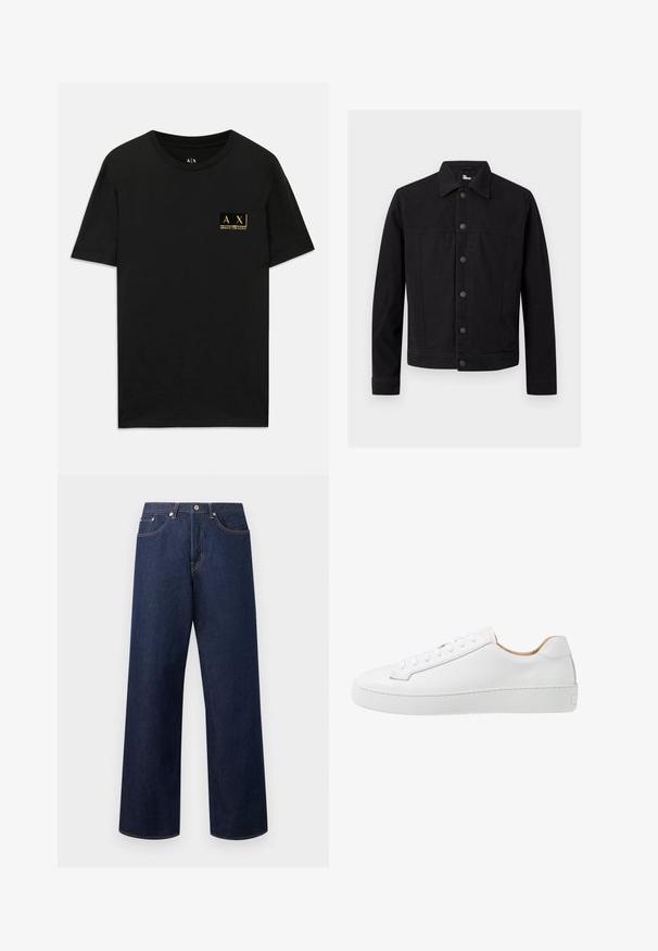 Sort denimjakke med lange ærmer, knaplukning foran og spids krave, vist mod en ensfarvet lys baggrund.; Sort bomulds T-shirt med rund halsudskæring. Har et lille guld logo-patch på venstre bryst med teksten "AX Armani Exchange". Klassisk pasform.; Mørkeblå vidde denimjeans med fem lommer, knaplukning og kontrastsyninger, vist på en ensfarvet lys baggrund.; Hvide lædersneakers med en glat overflade, afrundet tå, flad snørebåndsdesign og en tyk gummisål med et struktureret grebmønster.