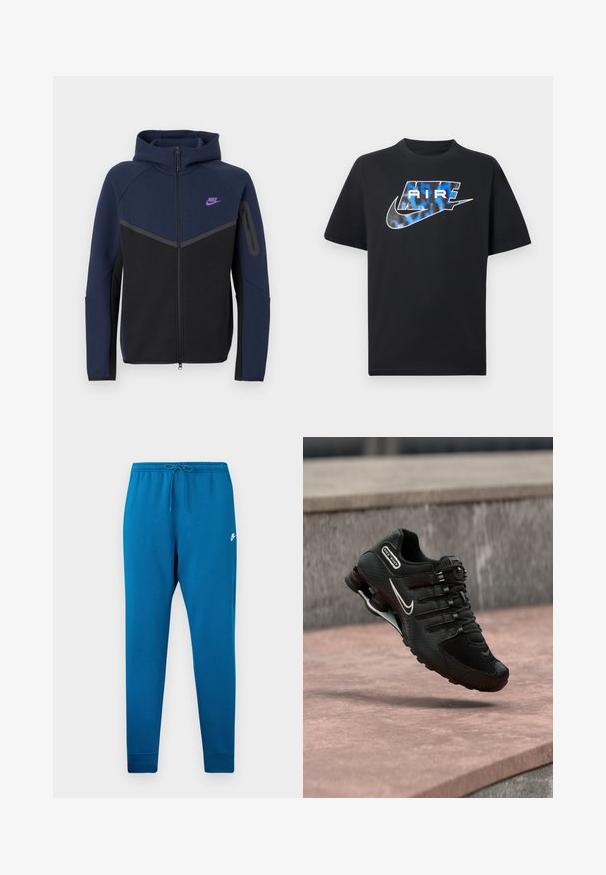Marineblaue und schwarze Kapuzenjacke mit Reißverschluss und Kapuze, mit einem lila Logo, Chevron-Design und einer Reißverschlusstasche am Ärmel. Hergestellt aus weichem Material.; Schwarzes T-Shirt mit kurzen Ärmeln, auf der Brust ist ein stilisierter "AIR"-Schriftzug in Blau und Weiß sowie das Nike-Swoosh-Logo abgebildet.; Blaue Sweathosen mit elastischem Bund und verstellbarem Kordelzug. Mit einem weißen Logo auf dem Oberschenkel und tapered Bündchen an den Knöcheln.; Schwarzer Nike Shox Laufschuh mit weißem Swoosh-Logo, in der Luft über einer rosafarbenen Betonfläche vor einem grauen Steinmauer-Hintergrund.