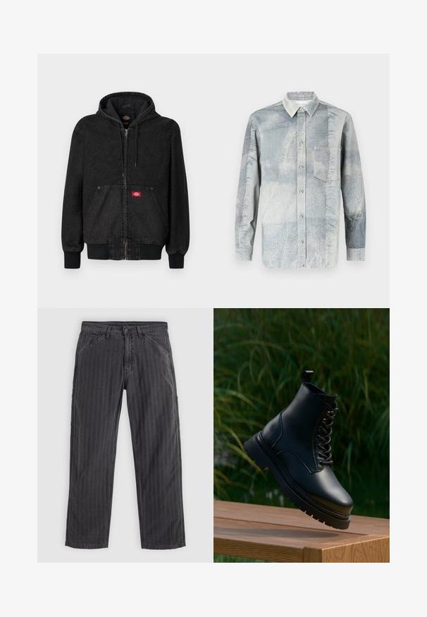 Sort denimjakke med hætte og lynlåslukning, forlommer, ribstrikkede manchetter og et lille rødt logopatch på brystet. Glat tekstur.; Knapp-up skjorte i lys blå med et struktureret mønster, der har krave, lange ærmer og en enkelt brystlomme.; Sortstribede bukser lavet af bomuldsblandingsstof. Har et lige ben-design, sidelommer og en knaplukning.; Sort læder ankelstøvle med rund tå, snørebånd fortil og en tyk, tandet sål. Har en trækflap ved kraven for nem påtagning.