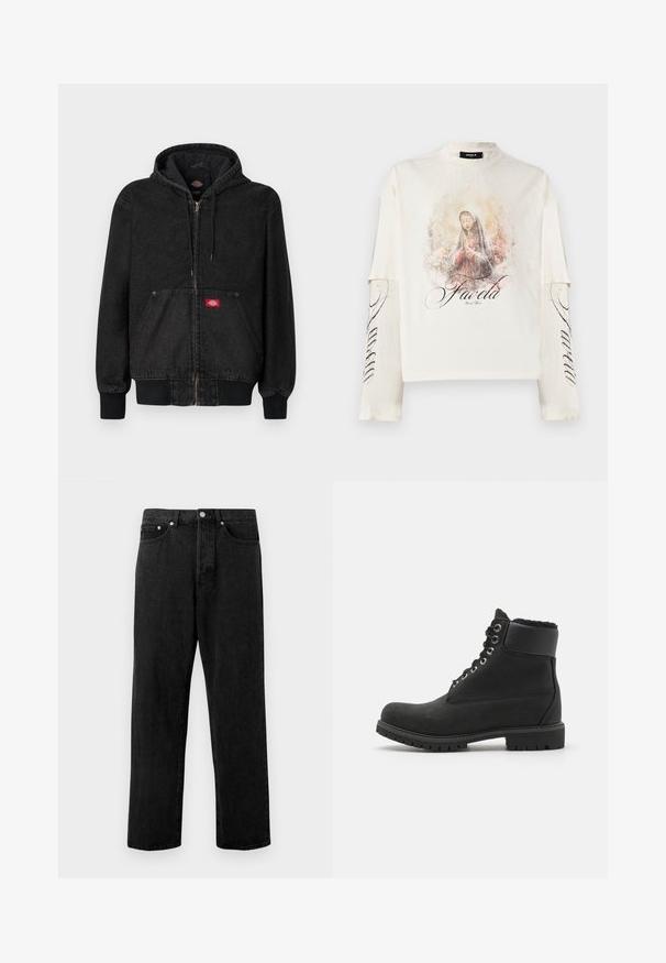 Schwarze Jeans- Kapuzenjacke mit Reißverschluss, Fronttaschen, gerippten Bündchen und einem kleinen roten Logo-Patch auf der Brust. Glatte Textur.; Weißes Langarmshirt mit geschichteten Ärmeln, mit einer Illustration einer betenden Frau und dem Schriftzug "Favela" auf der Vorderseite und dem Ärmel.; Schwarze Jeans aus Denim mit geradem Bein, fünf Taschen, metallischer Knopfverschluss und dezentem Verblassen des Stoffes.; Schwarze Knöchelstiefel aus Wildleder mit Gummisohle, ausgestattet mit metallischen Ösen, Schnürsenkeln und einem weichen Kunstfellkragen am oberen Rand.