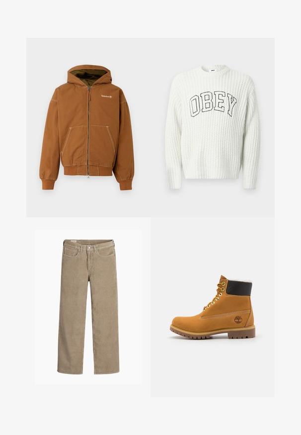 Hnedé zipsové mikina s podšitým kapucňou, prednými vreckami, rebrovanými manžetami a kontrastným šitím. Logo Timberland na hrudi.; Biely pletený sveter s nápisom "OBEY" v čiernych písmenách na hrudi, so žíhanou textúrou a okrúhlym výstrihom.; Hnedé kordové nohavice s širokými nohavicami, disponujúce zapínaním na gombík a zips, piatimi vreckami a jemnou rebrovanou textúrou.; Hnedé kožené ankle boot s kovovými očkami, bielym kožúškom vo vnútri, čiernym vypolstrovaným golierom, robustnou podrážkou a vyrazeným logom na boku.